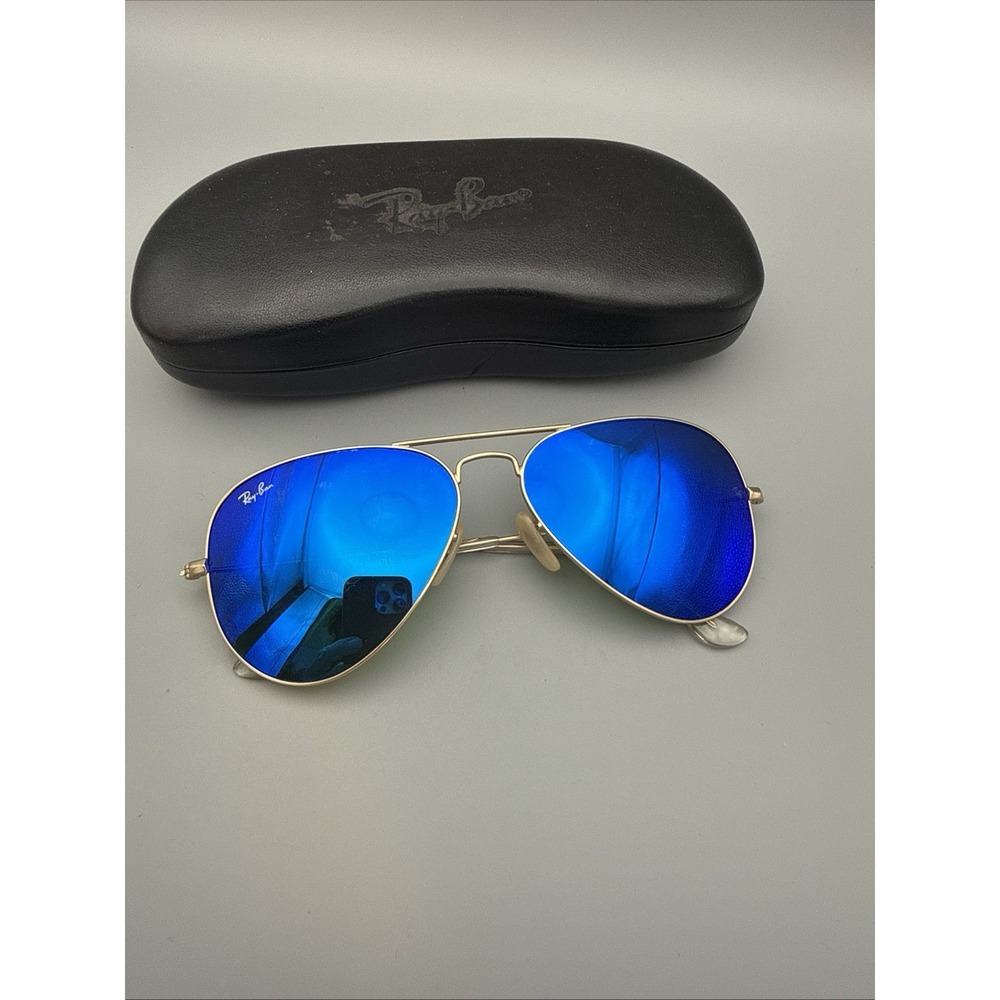 Ray-Ban RB3025 Aviator Large Pilot Sunglasses Gold Frame Gradient BlueLens &Case